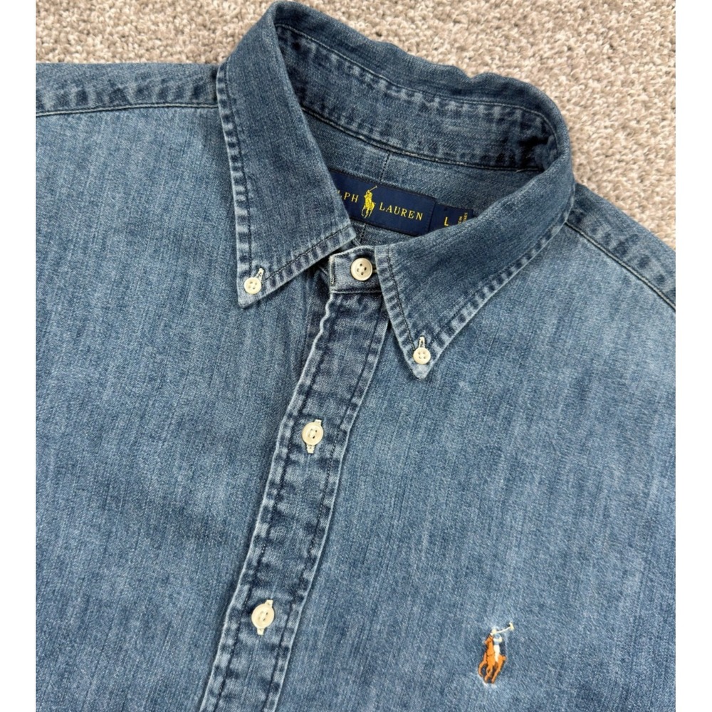 Polo Ralph Lauren Shirt Mens L Chambray Flesh Pony Button Down Blue - Picture 13 of 13